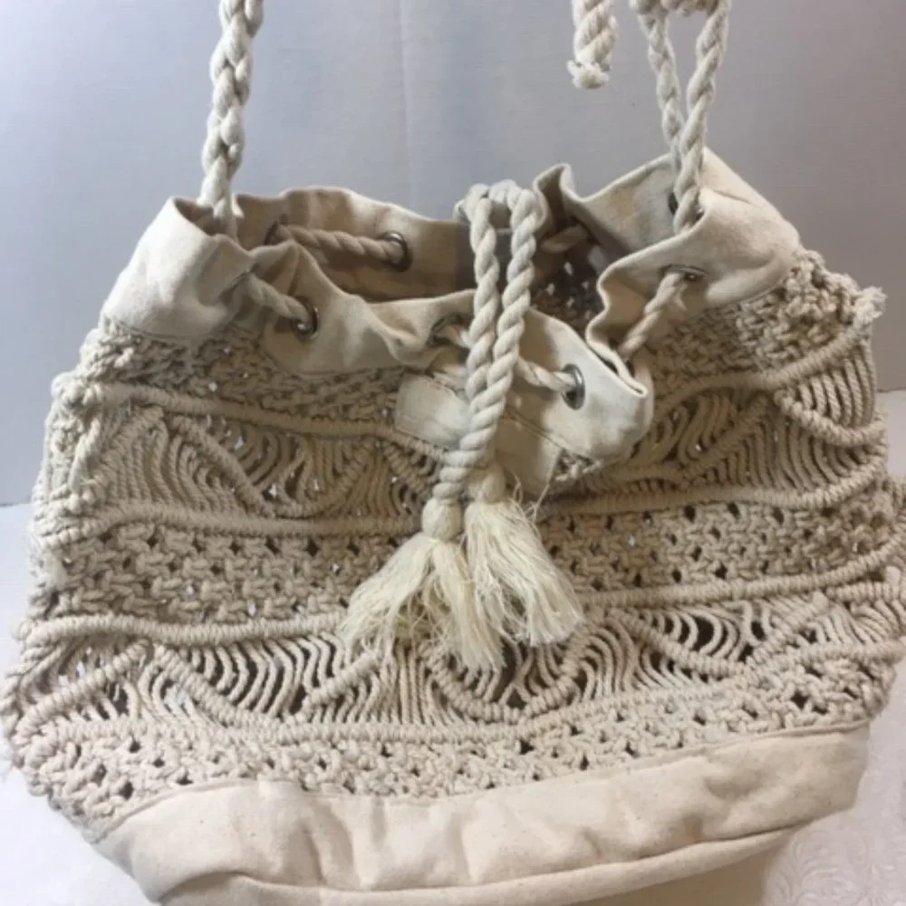 Macramé Knotting Shoulder Handbag Tote Cotton Drawstring11x5.5x11